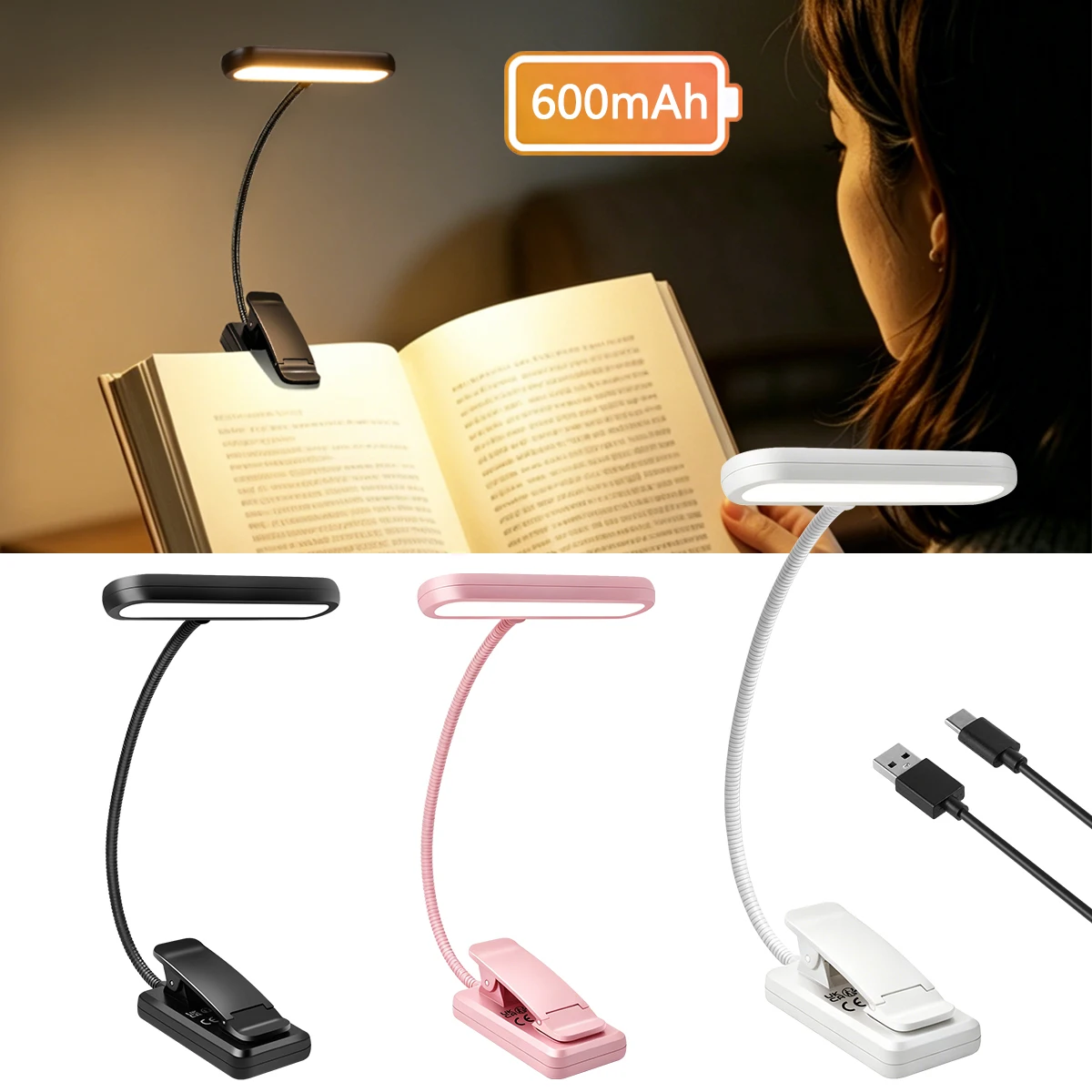 Book Light for Reading 12 LED Eye Caring 3 Color 10 Brightness Adjustable Long-Lasting Rechargeable Clip on Light for Book Lover
