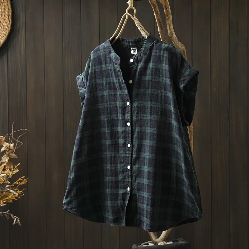 

Vintage Cotton Linen Shirt Ladies Stylish Streetwear Short Sleeved Collarless Summer Blouse Women Breathbale Comfty Tops