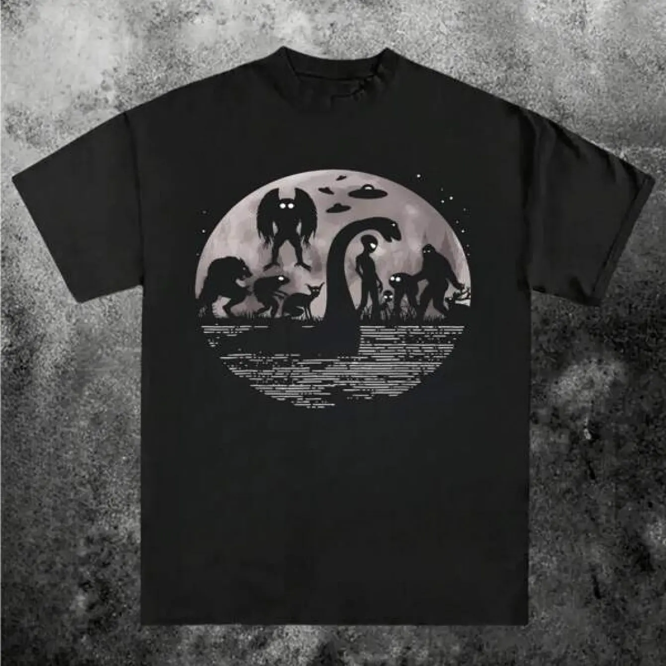 Bigfoot Loch Ness Monster UFO Alien Cryptid Mystery Graphic T-Shirt Loose Fit Casual Streetwear with Loch Ness Monster