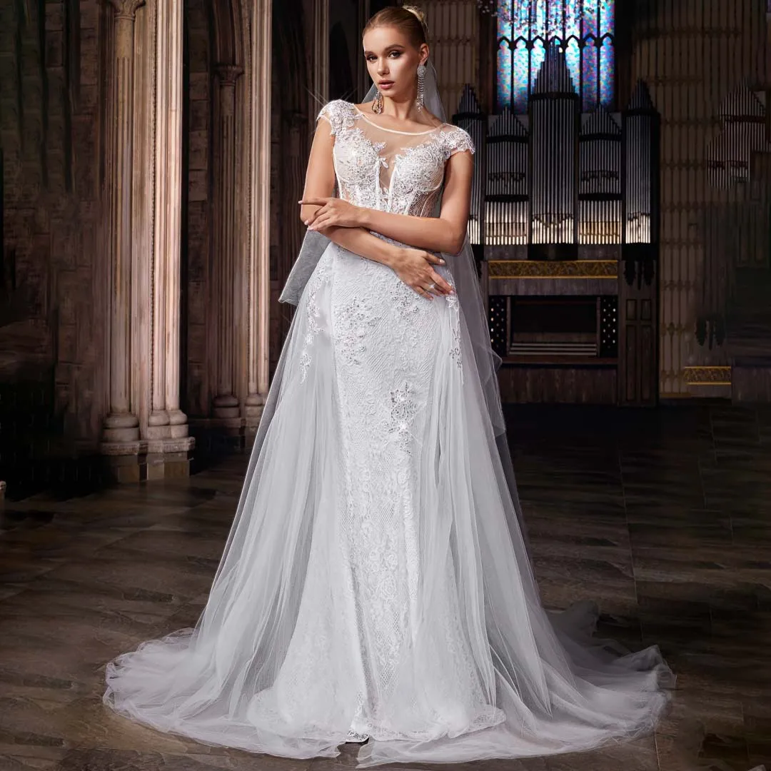 Vestidos formales de novia para iglesia, Vintage, brillante, manga casquillo, apliques de sirena, corsé con cuentas, vestido de noche, vestidos de boda para matrimonio