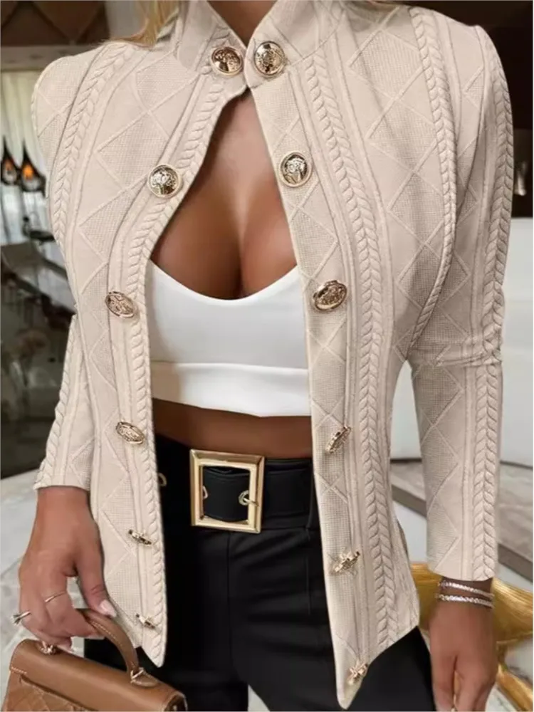 Autumn Fashion Casual Solid Color Jacket Women's Metal Buckle Decorated Stand Collar Long Sleeve Slim Jacket Women's Holiday