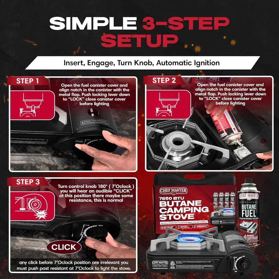 Chef-Master 90011 Stufa da appoggio butano 10 000 BTU portatile con custodia per il trasporto Bruciatore in ottone con accensione piezoelettrica ad alte prestazioni