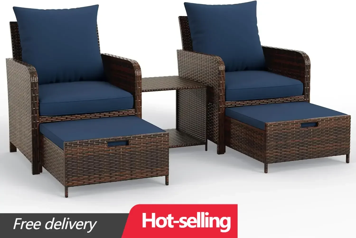 

Balcony Furniture Patio Chairs with Hidden Ottoman 5 Piece Patio Furniture Set with Side Table for Front Porch, Blue Cushion