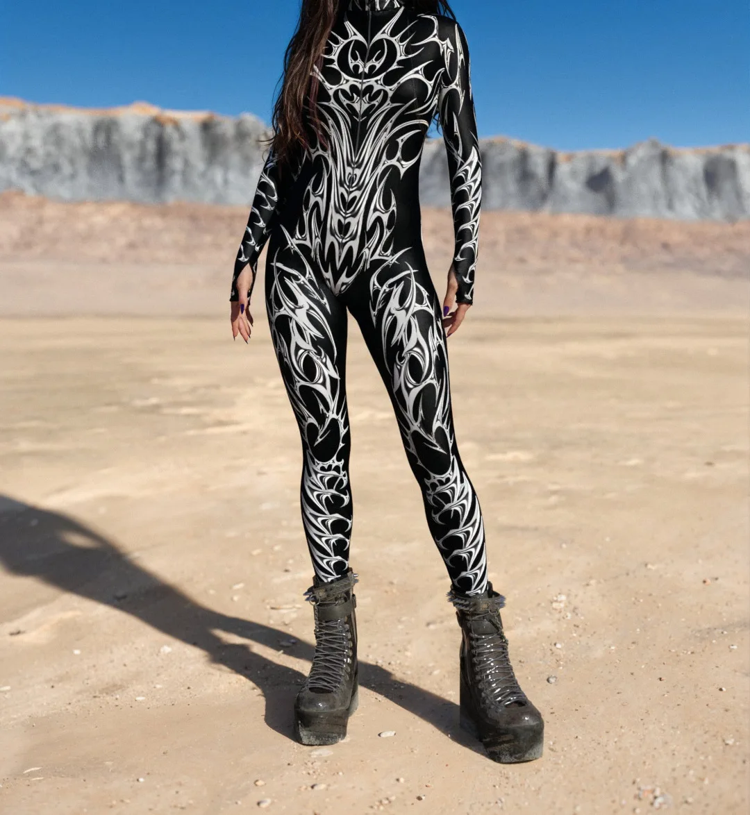 Bunt bedruckter Damen-Jumpsuit für Urlaub und Party, Punk-Zentai, Rave-Outfit, Yoga-Catsuit, Fahrrad- und Halloween-Anzug – Detail 4