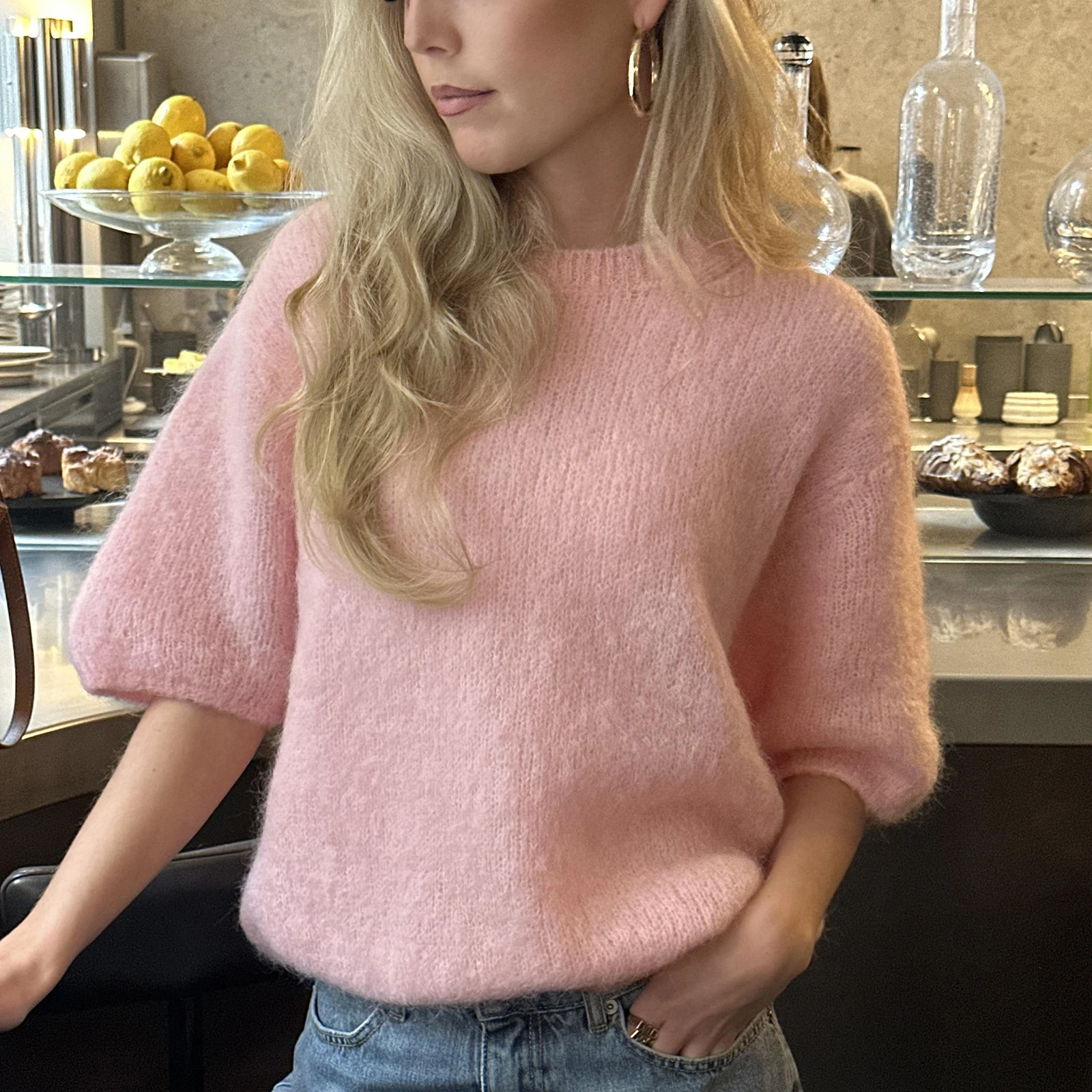 Women's Spring Autumn Knit Sweaters Half Sleeve O Neck Solid Color Casual Knitwear Loose Pullover Tops