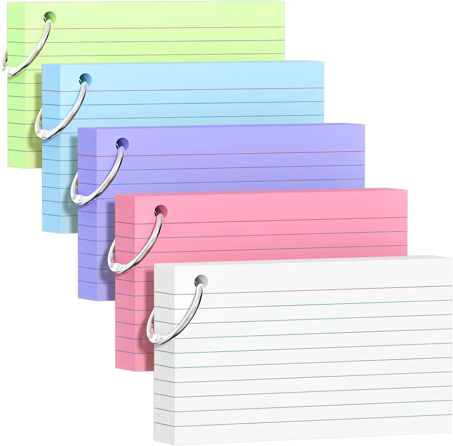 

250 Colored Index Cards 3x5 with Ring, 180gsm Heavy Flash Cards, 5 Colors, Portable Notes for School Office