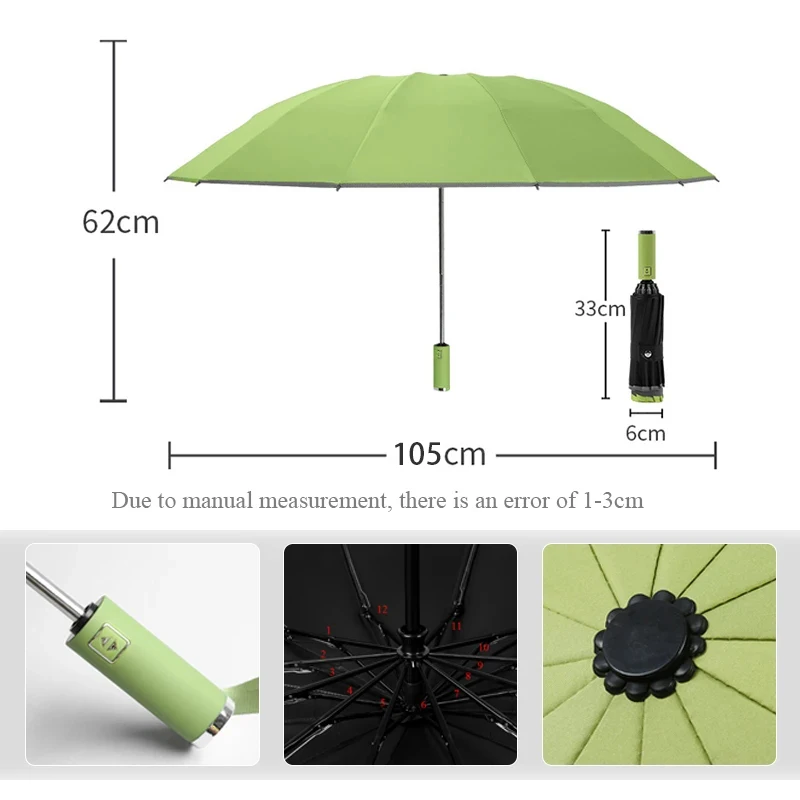 Automatic Folding Strong Umbrella for Men Women Windproof 12Ribs Reverse Umbrella Wind Resistant Trip Inverted Rain Umbrella