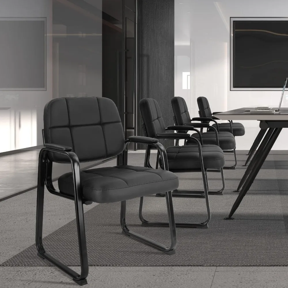Waiting Room Chairs no Wheels with Padded Arms Leather Guest Chair for Office Reception and Conference Desk with Sled Black, 4PK