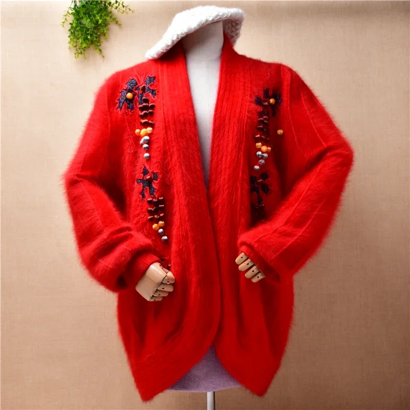 ladies women vintage embroidery beaded angora rabbit hair long sleeves loose cardiagn mantle angora fur jacket coat sweater pull