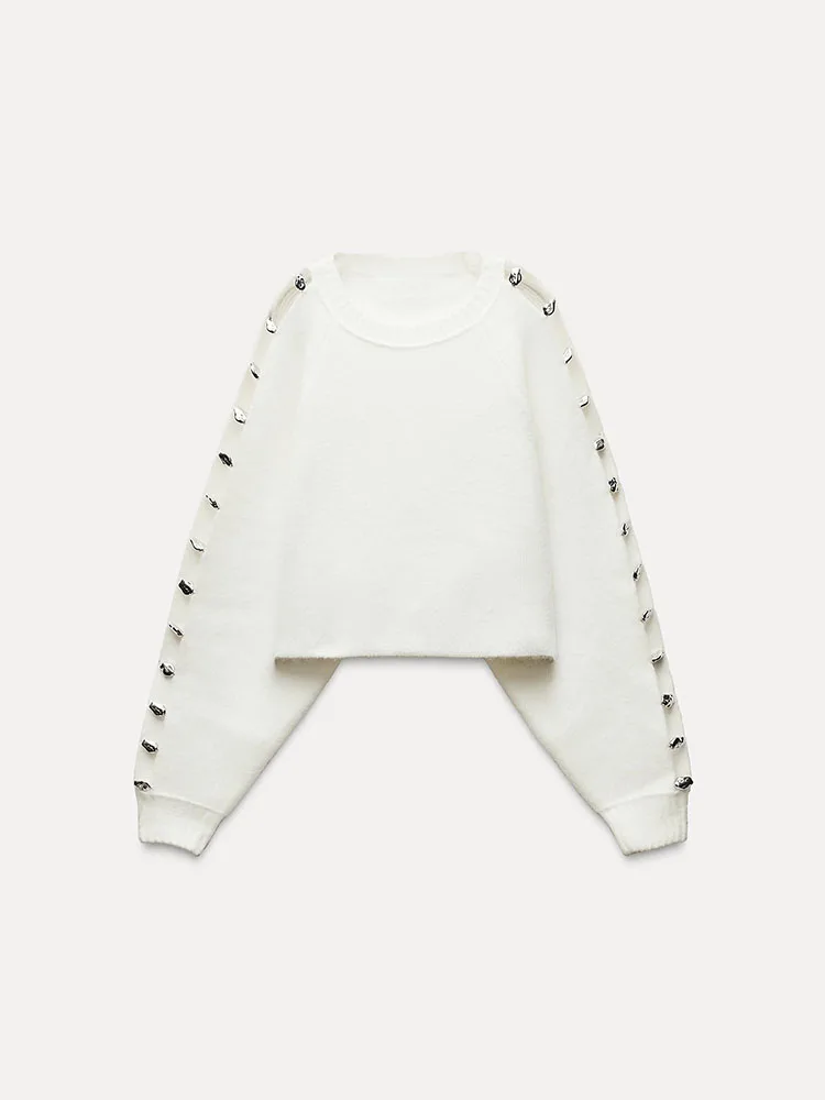 

Spring New Arrival Women's Knitted Long Sve round Ne Top Metal Ball Decoration Punk Sle Versatile Faion Commute Wind