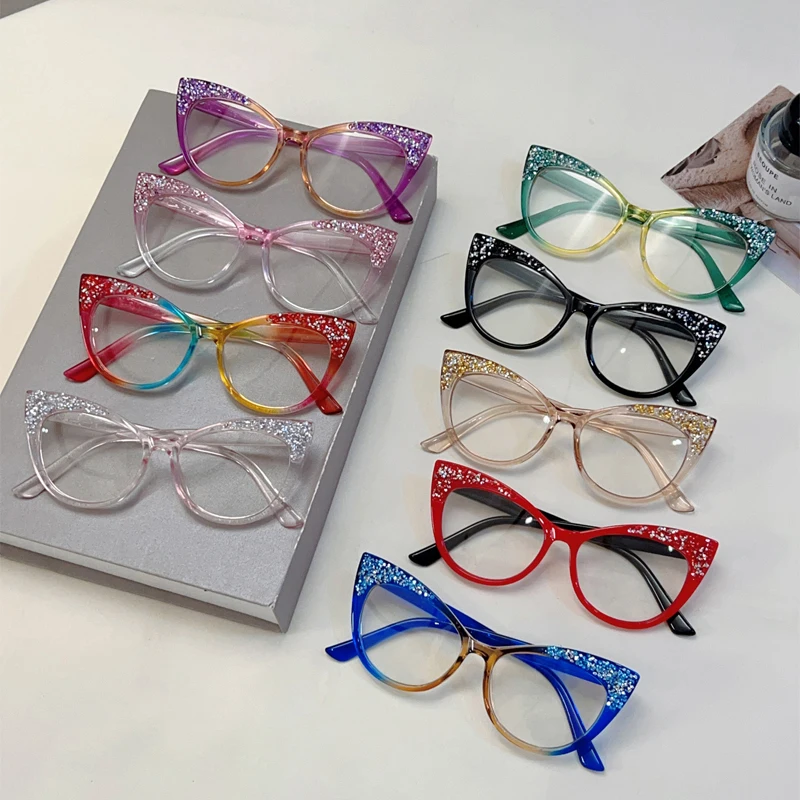 KAMMPT Fashion Cat Eye Multi Color Frame Women\'s Trendy Crystal Shiny Glasses Non-prescription Original Brand Design Eyewear