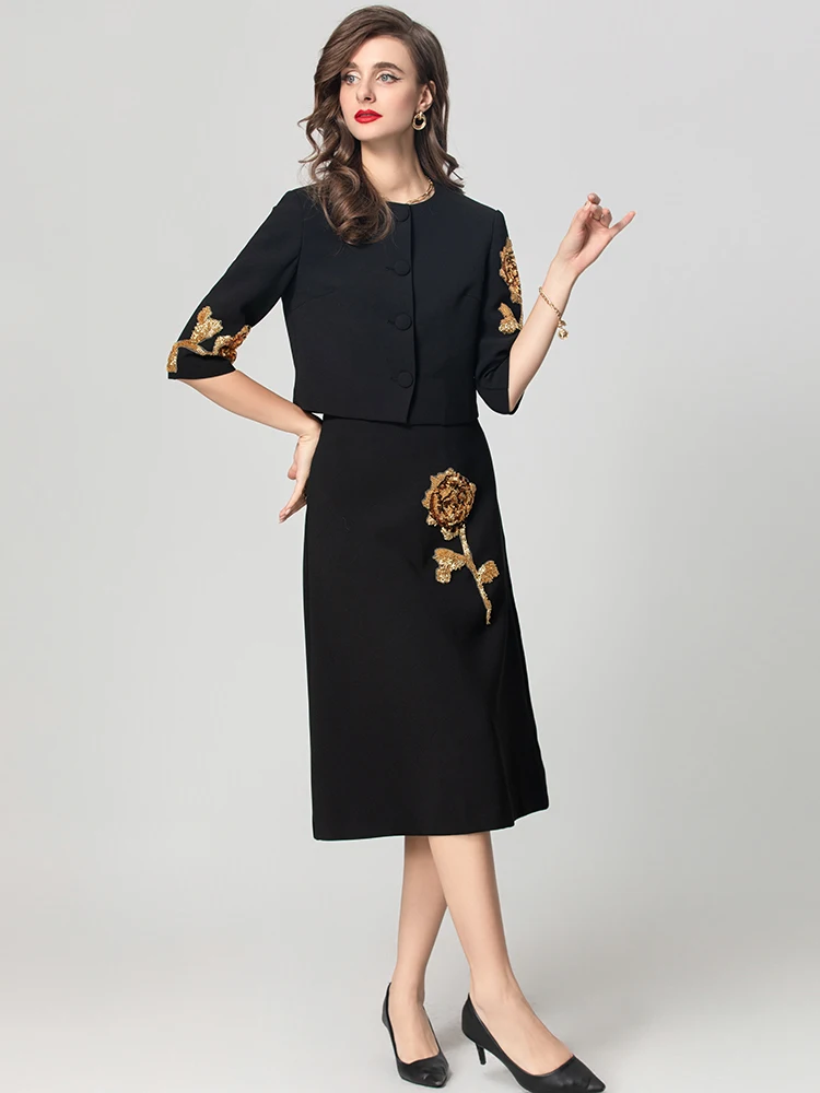 Seasixiang Beading Appliques Suit Women O-Neck Single Breasted Jacket + Skirt Office Lady Two Piece Set Autumn Female New