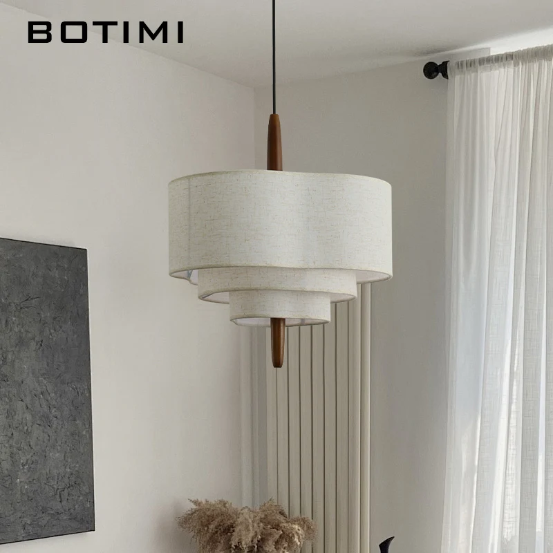 BOTIMI Solid Wood 3 Layers Cloth LED Pendant Light For Dining Wire Fabric Hanging Dinning Kitchen Fabric Suspension Lustre