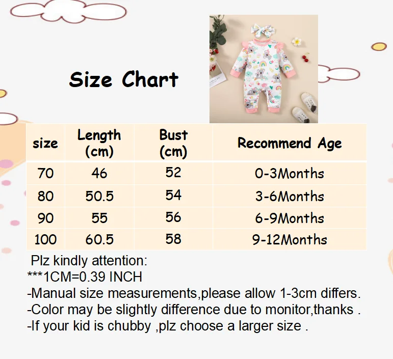 0-12 Months Newborn Baby Girl Clothes Long Sleeves Cute Cartoon Bodysuit with Headband 2PCS Infant Romper Toddler Girl Jumpsuit