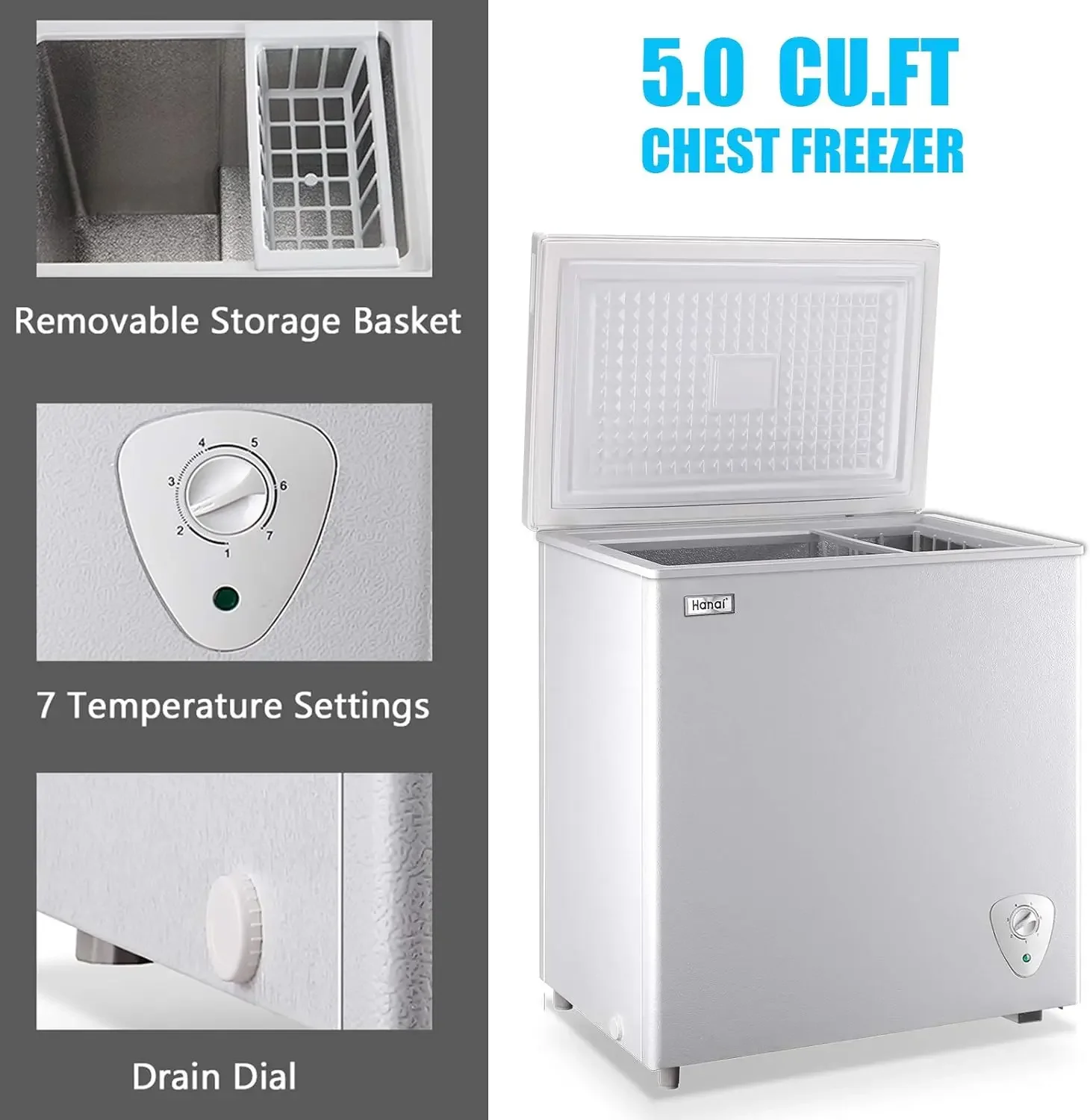 Freezer 5.0 Cu.Ft Small Deep Freezer White Top Door Mini Freezer with Removable Basket, Low Noise, 7 Adjustable Temperature and