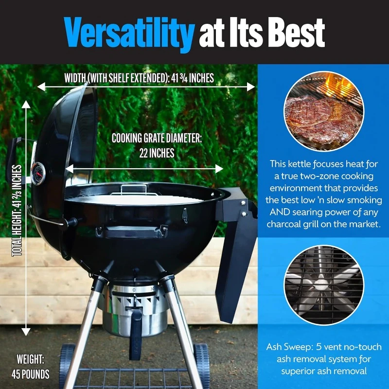 Kettle Grill with Deluxe Insert and Easy Spin Grate for Two-Zone Charcoal Grill Cooking, Low ‘N Slow Smoking and BBQing