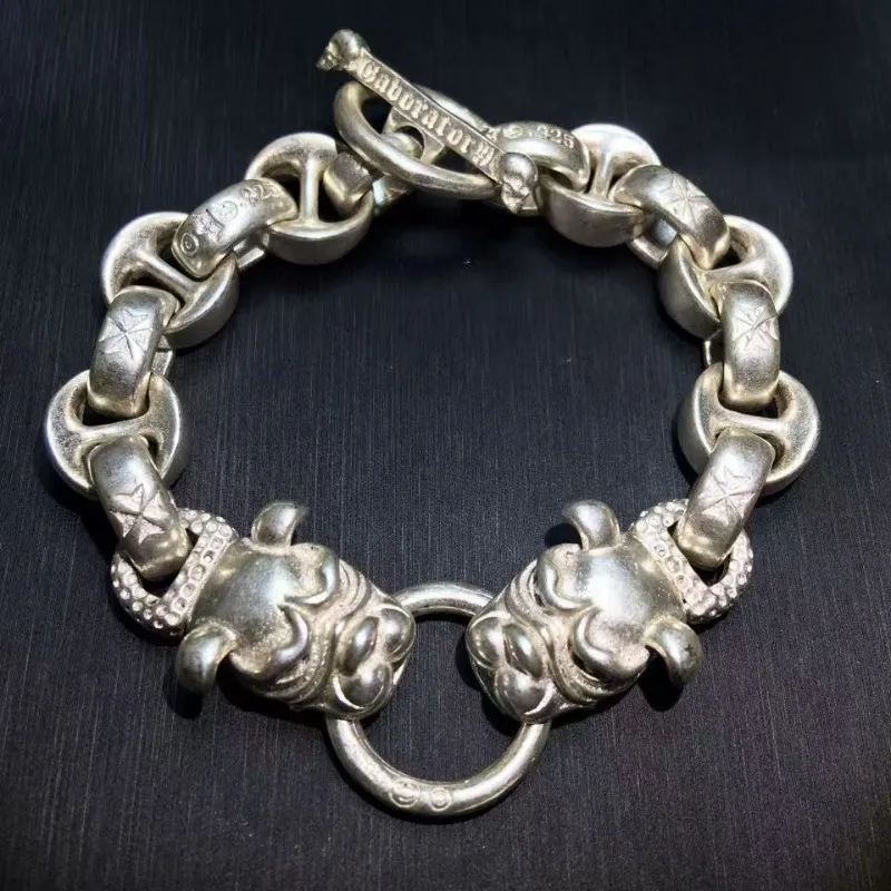 

Old Tibetan 925 Silver High Quality Lucky Dog Head Chain Bracelet for Men Women Couple Accessories Luxury Gift