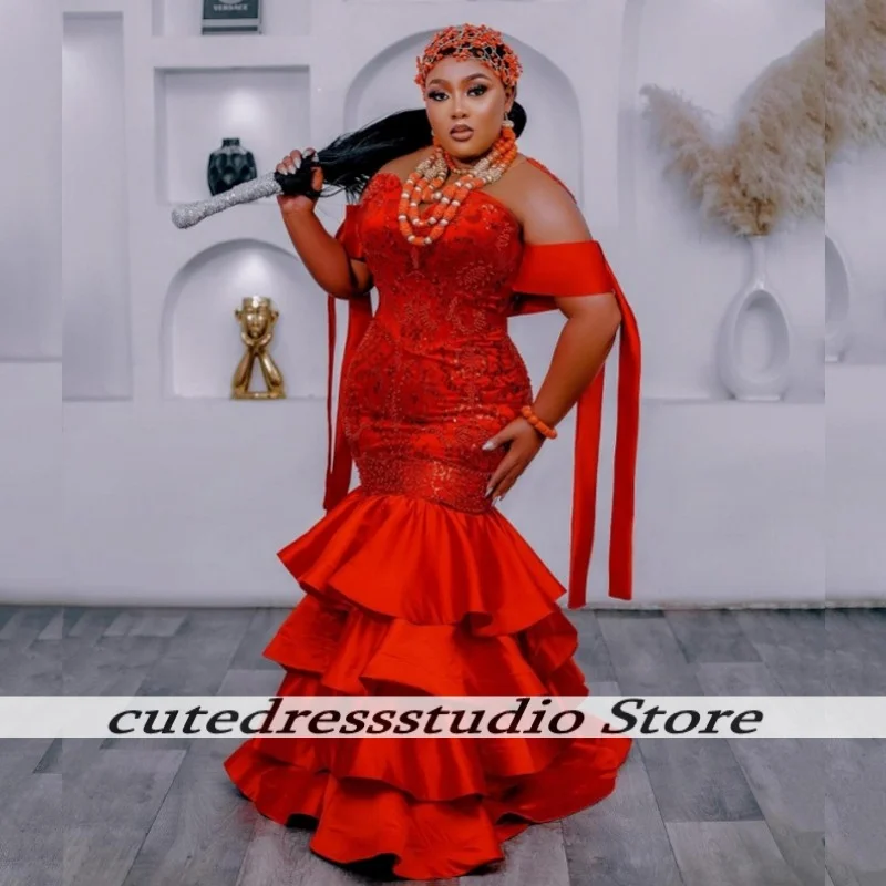 Red Multi-Layered Ruffles Mermaid Evening Gowns For African Girls Luxury Sequin Beaded Wedding Reception Party Dress Customized