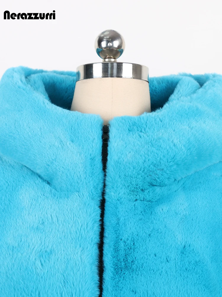 Nerazzurri Winter Long Oversized Thick Warm Soft Fluffy Faux Fur Coat Women with Hood Drawstring Waist Zip Up Korean Fashion