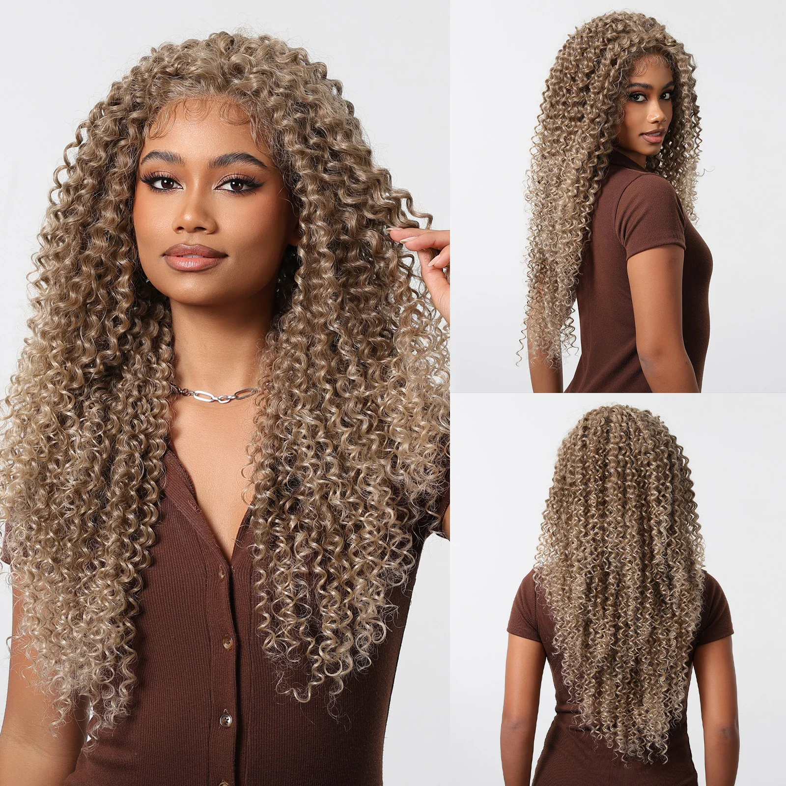 Perucas longas Kinky Curly Afro Lace com o cabelo do bebê, peruca frontal transparente, cabelo curl profundo, loiro marrom platina perucas mistas, 13x6