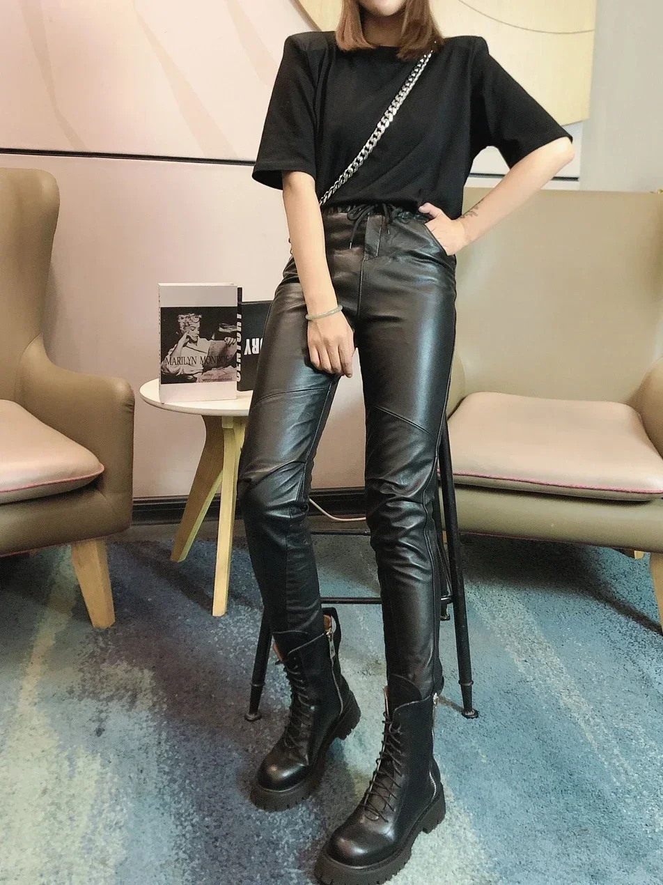 Female Real Sheepskin Leather Pants Korean Slim Women\'s Trousers Pencil Pants Women High Waist Pants Donna Pantaloni Zjt928