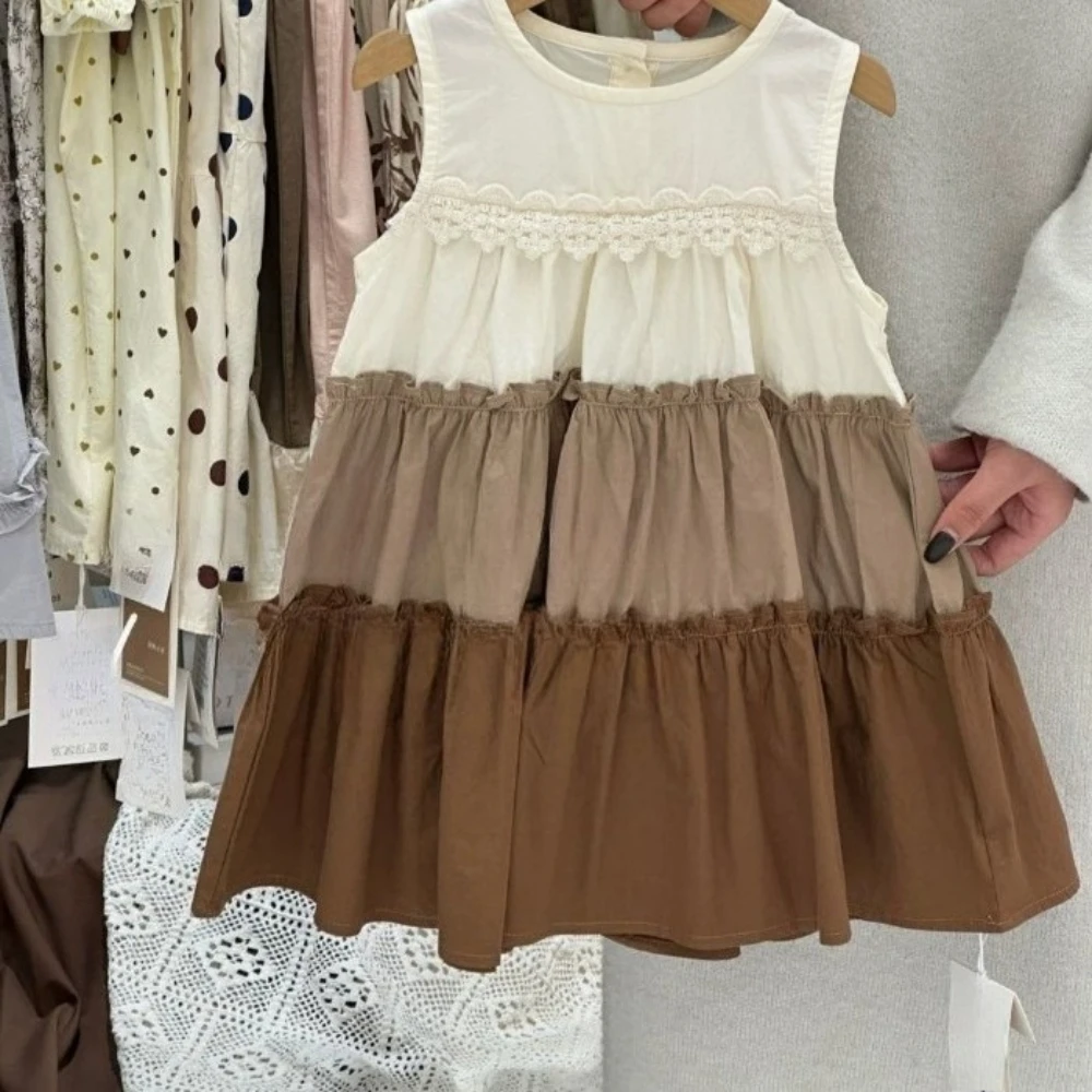 Summer New Sleeveless Color Blocked Girls Dresses Korean Version Plain Pleated Kids Dress 4-7 Years Old Children's Clothing