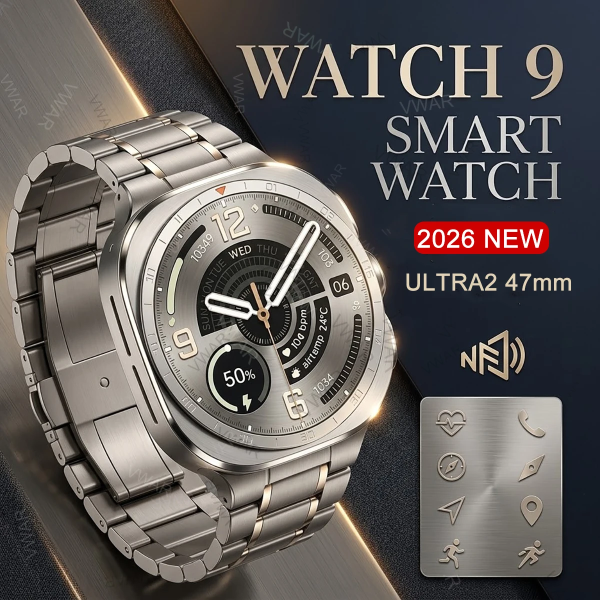 2026 New Smart Watch 9 Ultra2 47mm Wireless Charger NFC Compass IP68 Waterproof Bluetooth Call Sports Smartwatch for Men Women