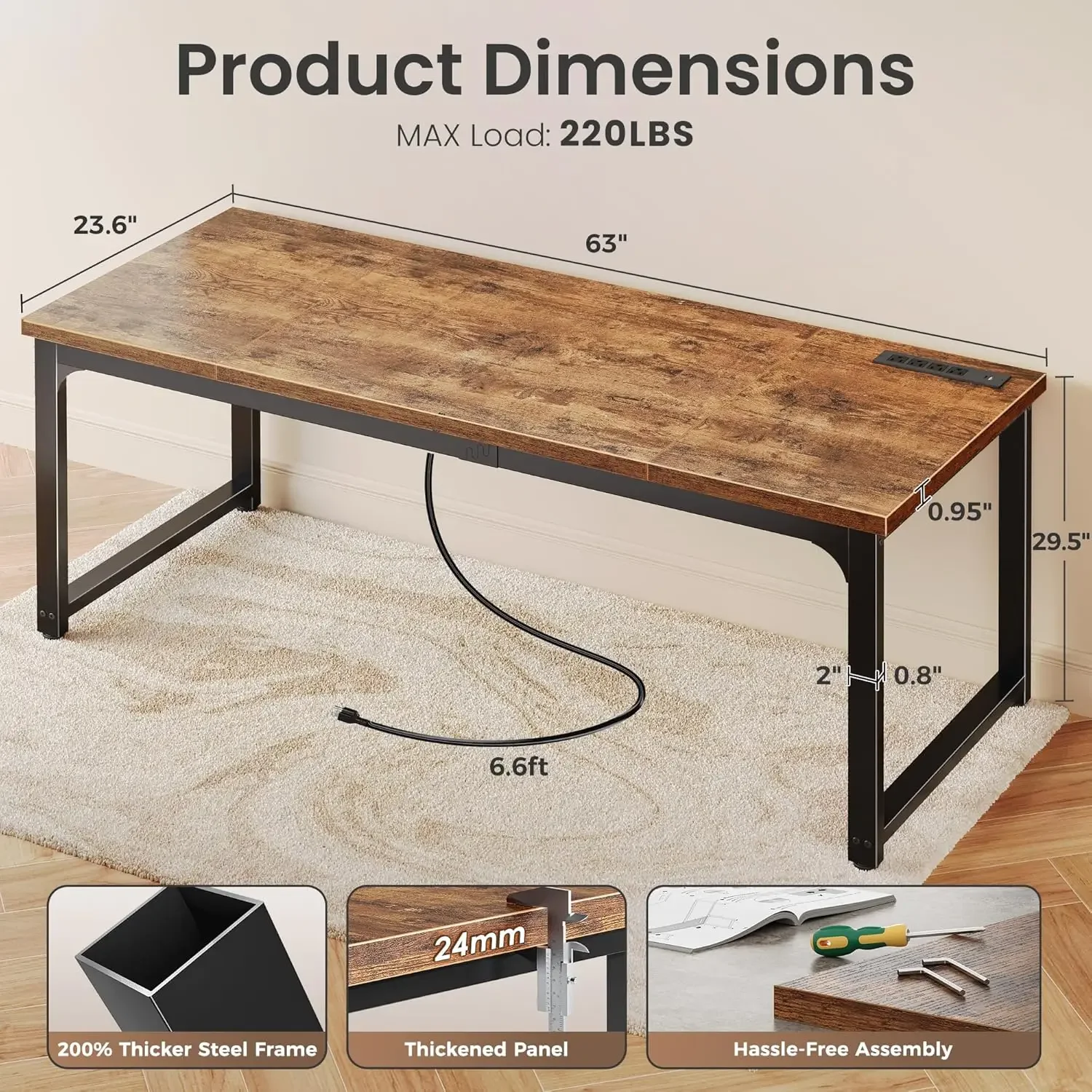 Rustic Brown Heavy Duty Office Desk Deeper Thicker Desktop Robust Metal Tubes Computer Work Gaming Desk Power Outlets USB C For