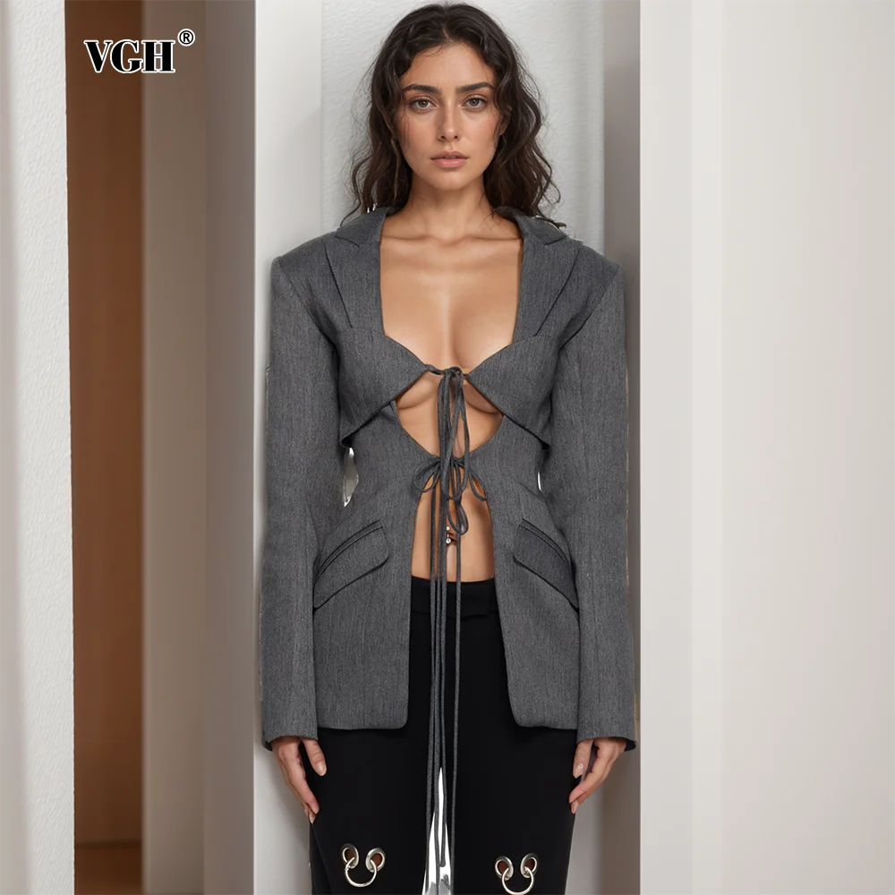 VGH Patchwork Lace Casual Blazers For Women Deep V Neck Long Sleeve Solid Slimming Elegant Crop Tops Female 2024 Fashion Style