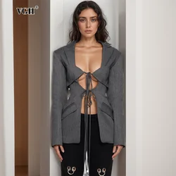 VGH Patchwork Lace Casual Blazers For Women Deep V Neck Long Sleeve Solid Slimming Elegant Crop Tops Female 2024 Fashion Style