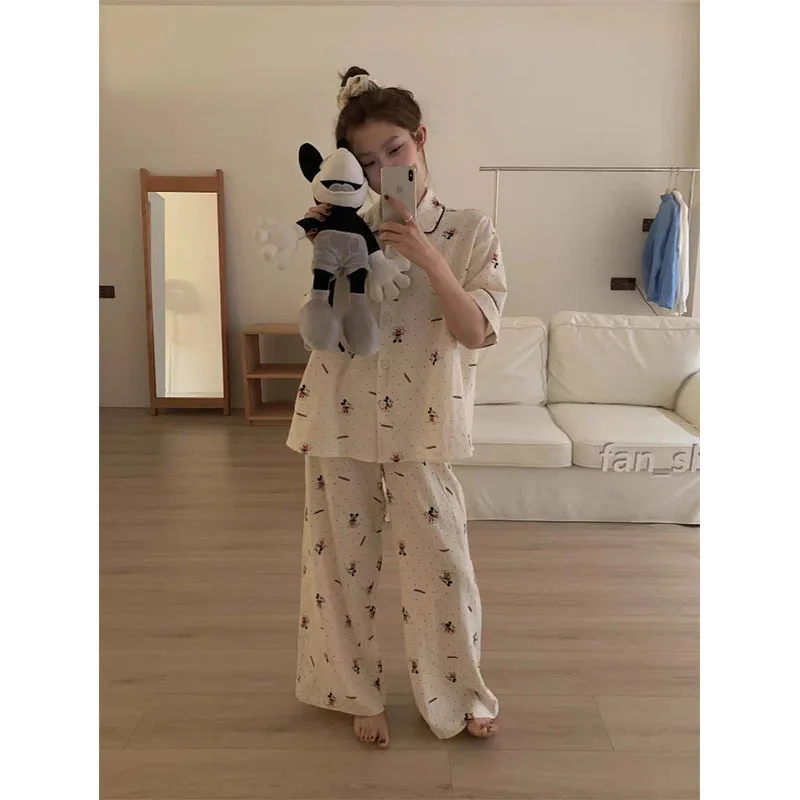 Disney Mickey Mouse Pajamas Set Cotton Women Short Sleeve Trousers Cartoon Korean Home Blouse Fashion Girls Cute Sleepwear Suit