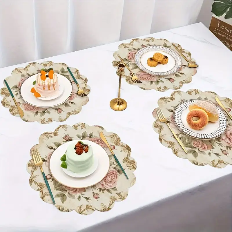VIKAMA Shabby Chic Pink Rose Placemat Cream Base Gold Scrollwork Border Scalloped Edge Romantic Floral Dining Table Mat Vintage