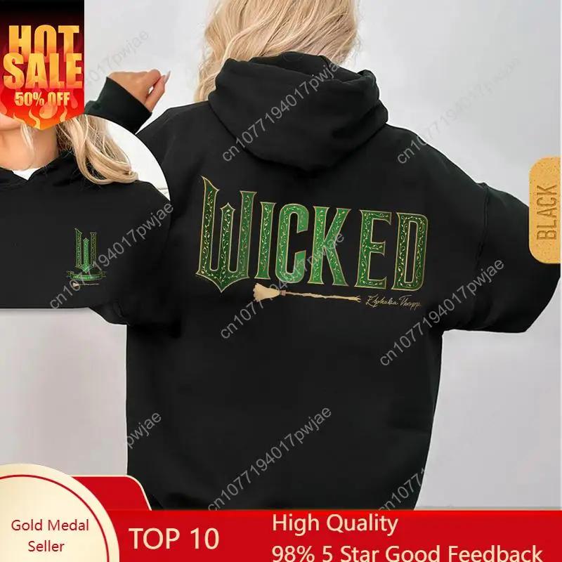

Wicked Movie Logo Elphaba Green And Gold Broom 2 Sided Graphic Hoodie Fleece Fabric Casual Hooded Sweatshirt Trendy Tops Perfect