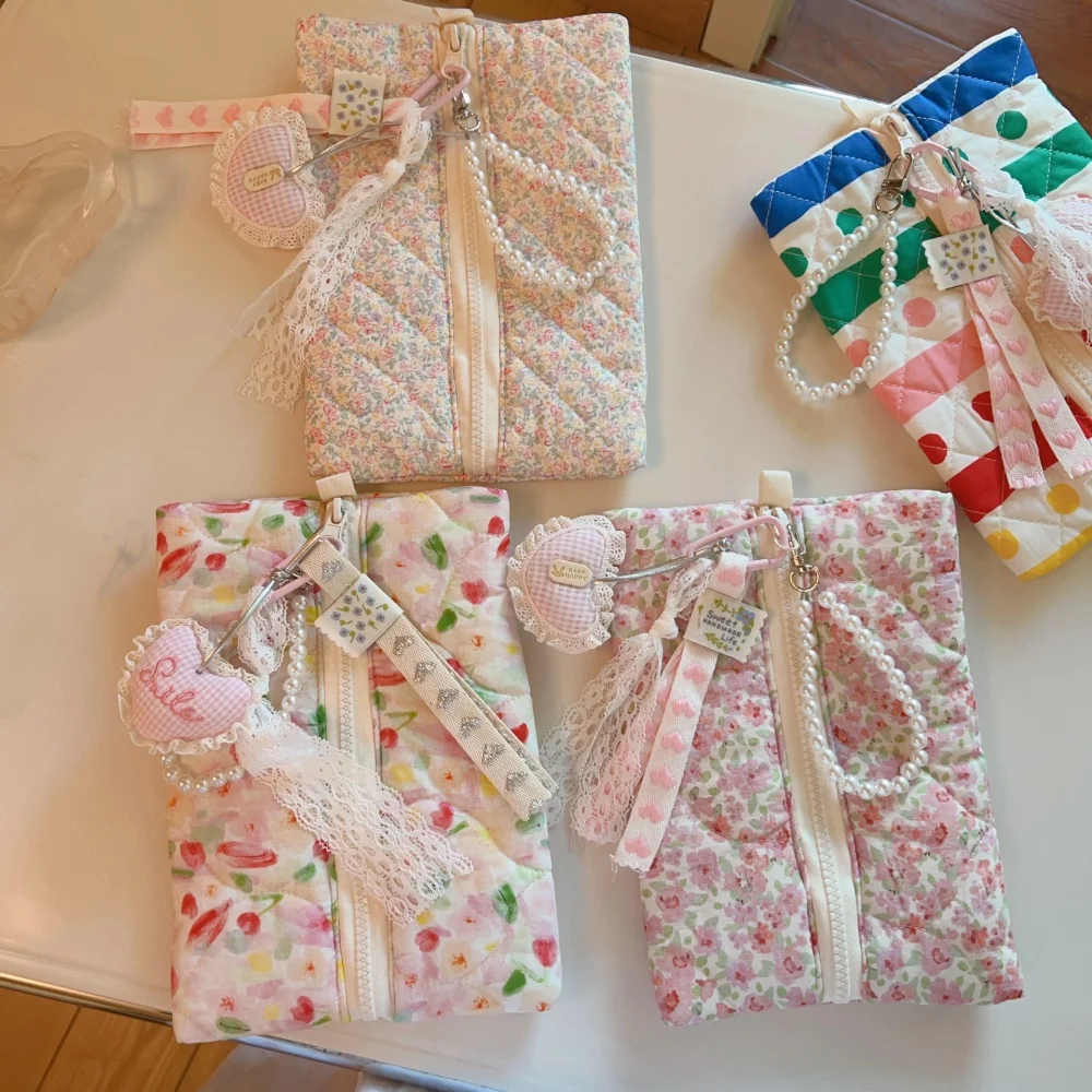 Sweet Pink Floral Print Quilted Flat Phone Pouch with Strap - Travel Organizer