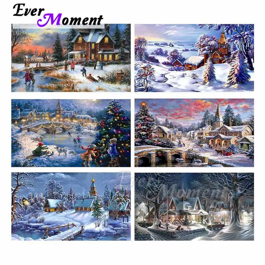 Ever Moment Diamond Painting Christmas Snow House Resin Full Square Embroidery Mosaic Drill Handmade Living Decoration S2F2545