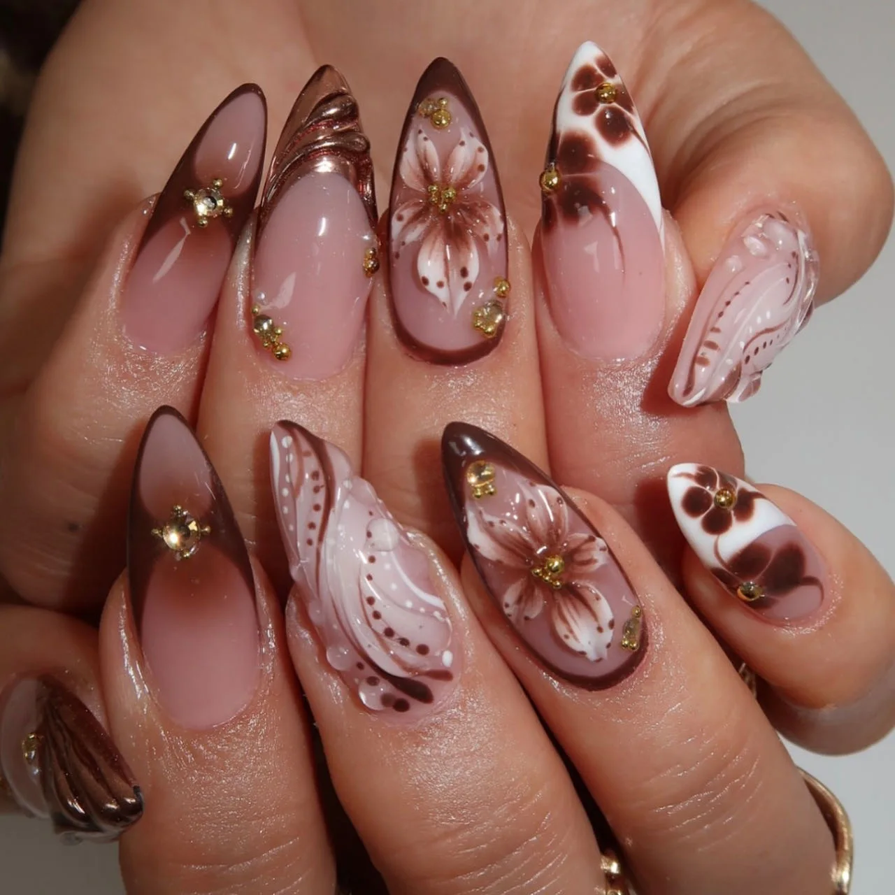 Long Almond Nude Dark Brown Gradient Press On Nails Hand Drawn Cherry Blossom Floral Fake Nail Tips With Ink Blot Pattern, Metallic Swirl & Tiny Gold Metal Stud Charms Elegant Vintage Autumn Daily Manicure For Women