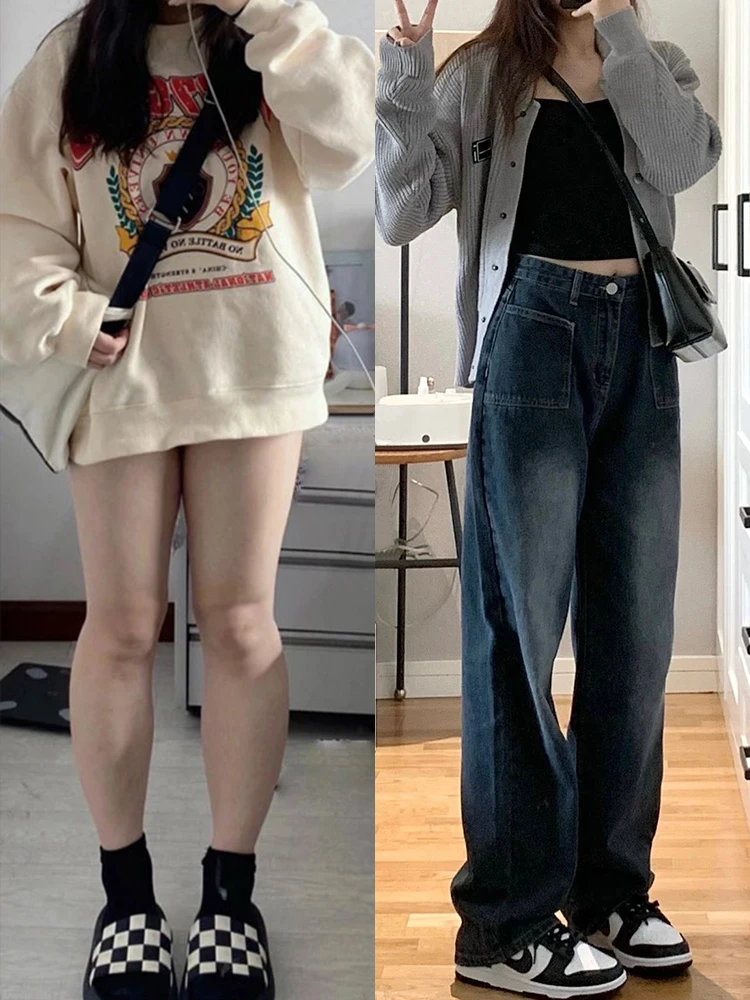 

Американские джинсовые джинсы в стиле ретро, женские прямые брюки с высокой талией, свободные утягивающие широкие брюки для грушевого тела, весна-осень