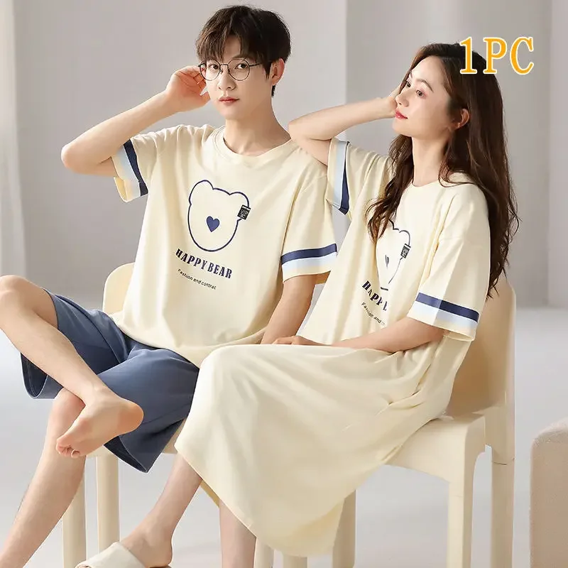 Summer Cotton Lovely Striped Men Women Couple Pajamas Set Female Loose Long Home Dress Male Short Sleeves Short 2 Pcs Home Suit