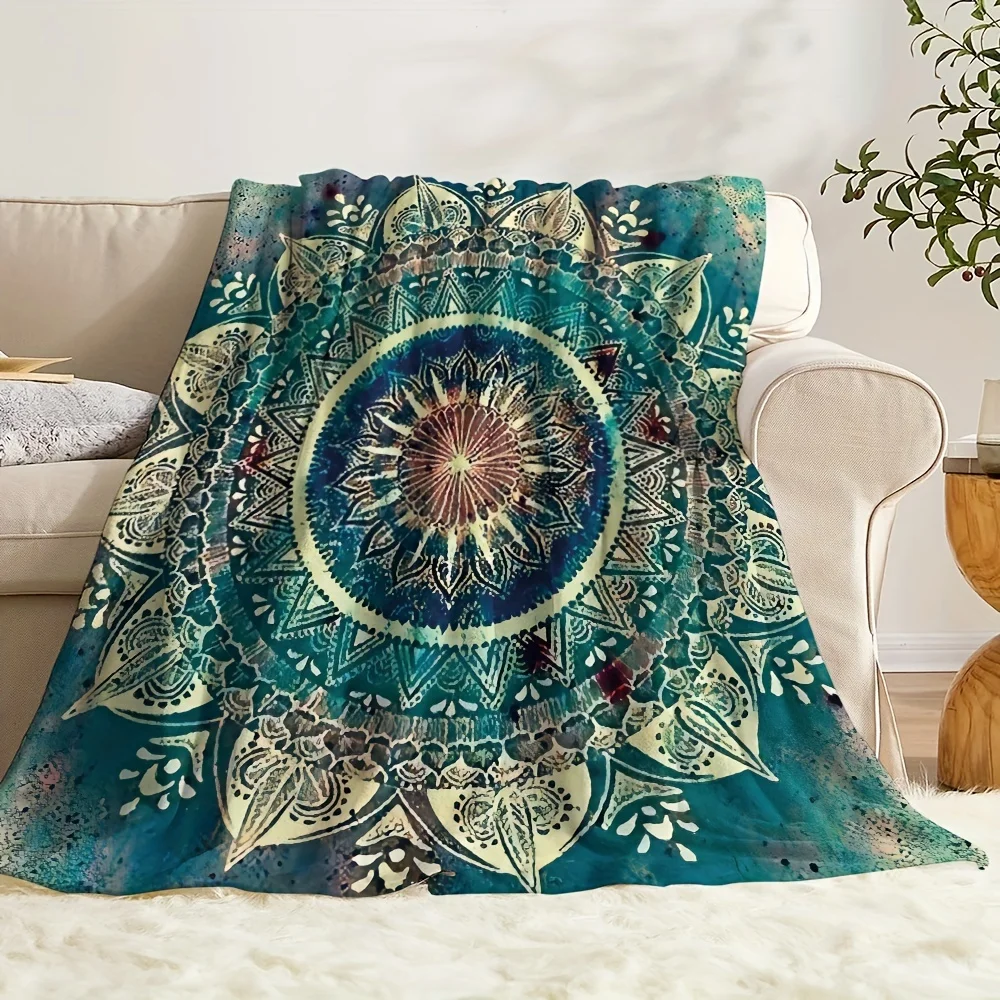 

Soft Cozy Mandala Fleece Blanket Throw with Vibrant Blue Green and Yellow Patterns Ideal for Sofa Napping Bedding
