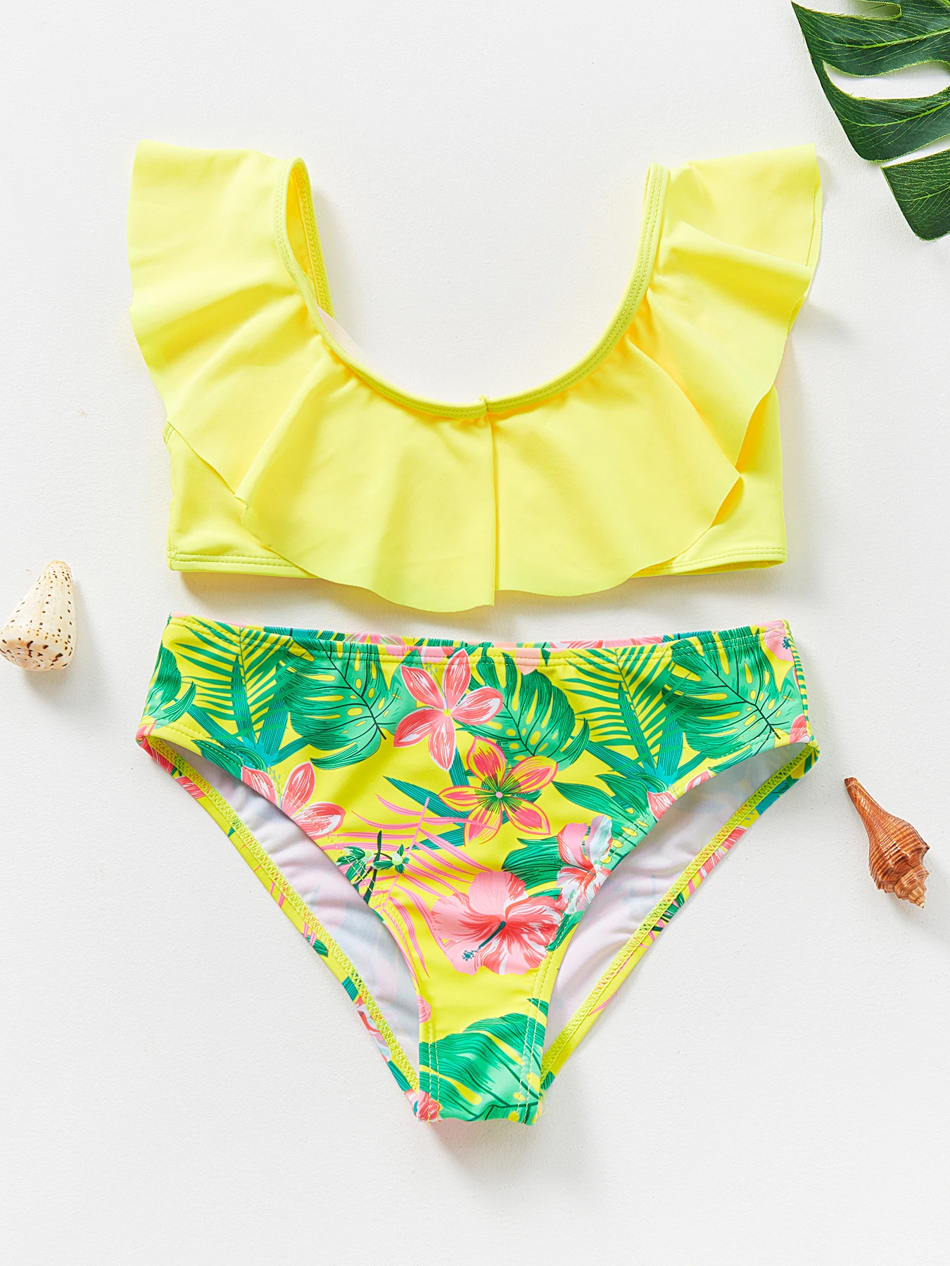 Yellow Floral Flounce Two Piece Girls Bikini Swimwear Sets