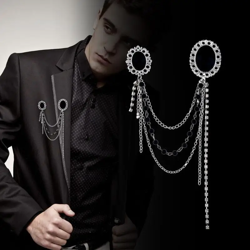 Double Chain Crystal Lapel Pin Premium British Style Brooch Elegant Suit Badge for Anniversary Party Wear Accessory