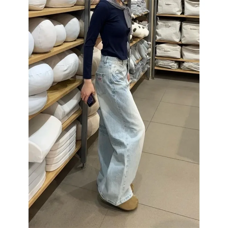 Women's Light Wash Baggy Jeans 2026 Summer New American High Street Loose Wide Leg Petite Floor-Length Casual Denim Pants