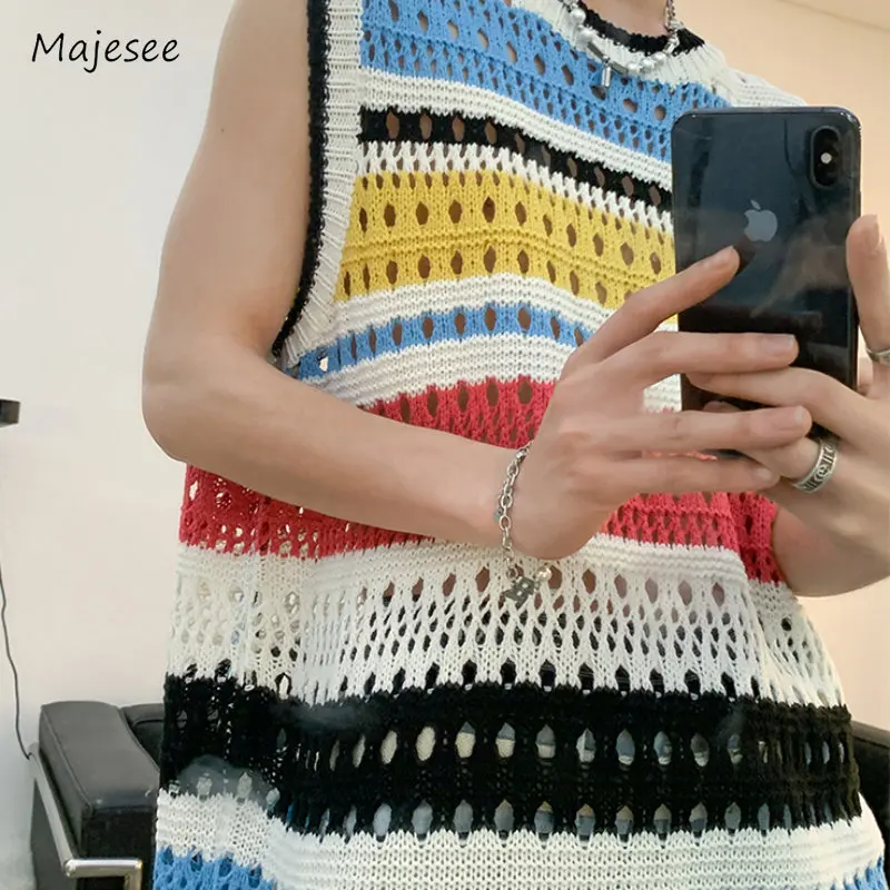 

Summer Sweater Vest Men Chic All-match Males Streetwear Beach Style Korean Fashion Cozy Knitwear College Unisex Daily