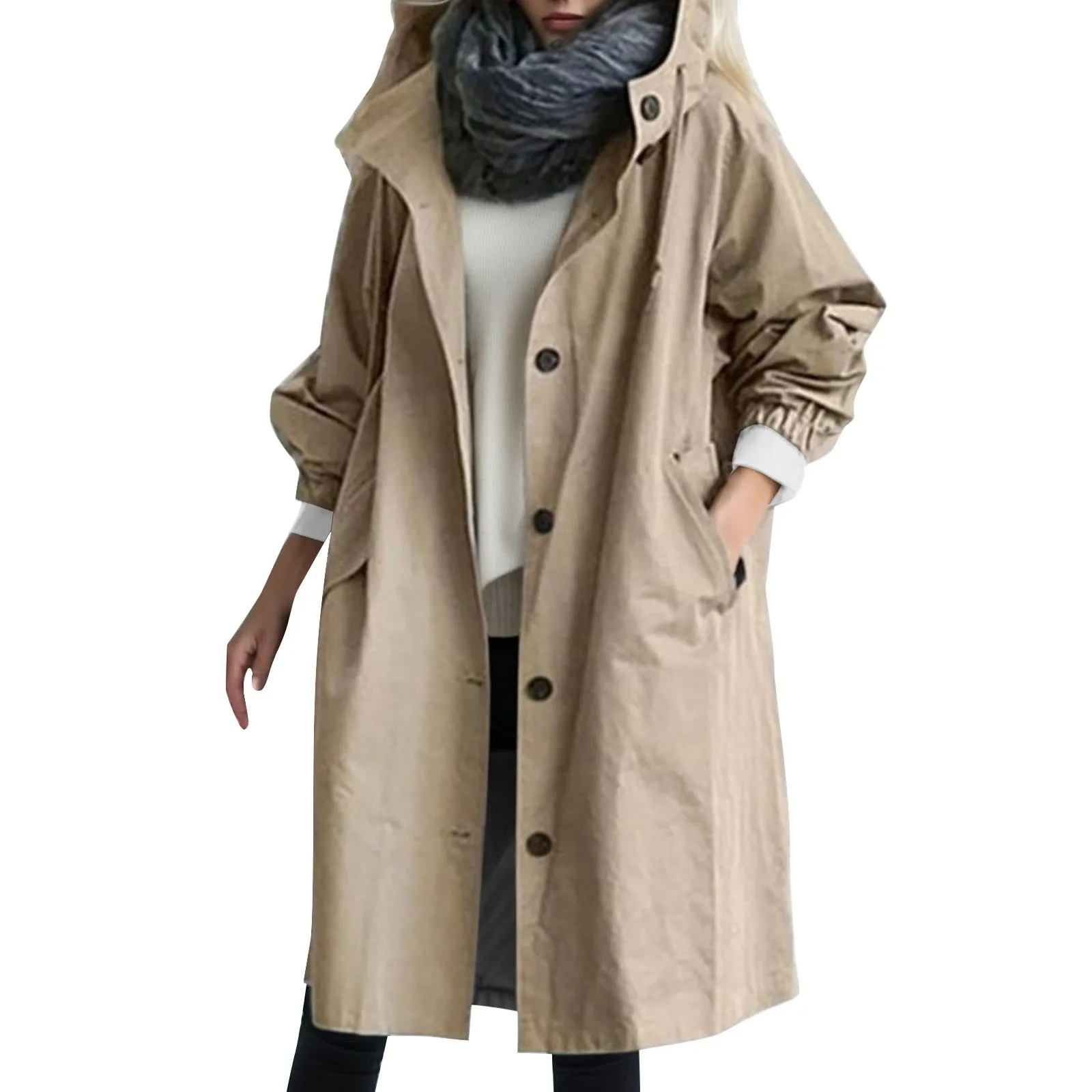 

Women Long Overcoat Loose Comfy Hooded Coat Outwear Elegant Korean Windbreaker Wild Winter Ladies Windproof Trench Coat Autumn