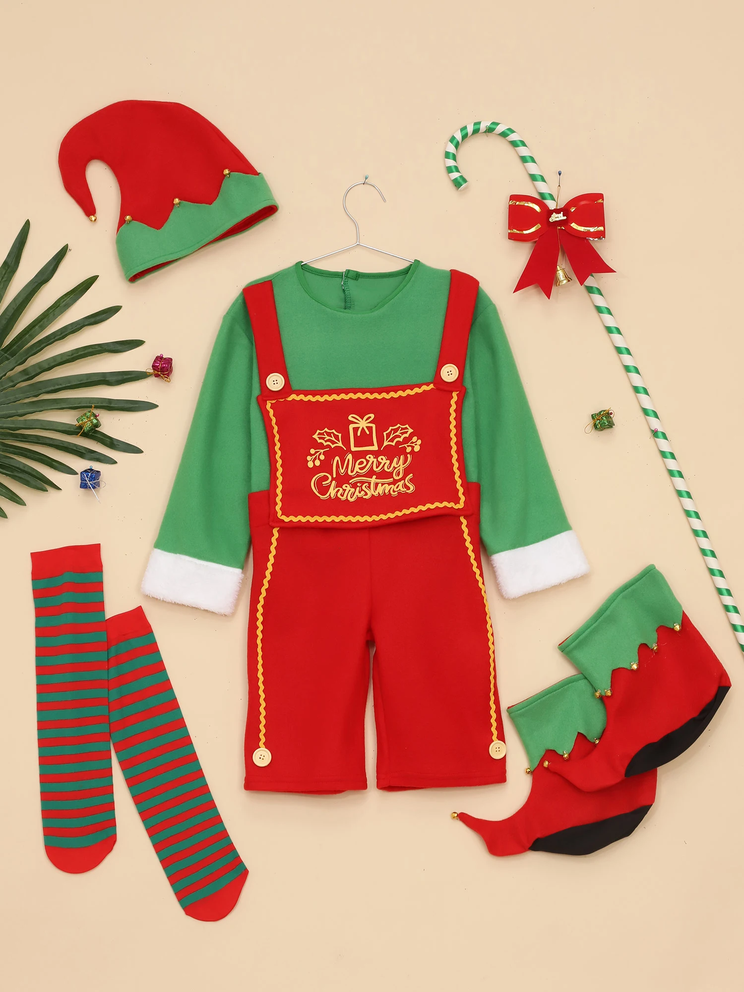 Jungen Mädchen Weihnachtself Cosplay Kostüm Kleid oder Body mit Hut Schuhe Gestreifte Strümpfe Weihnachten Neujahr Party Karneval Outfit