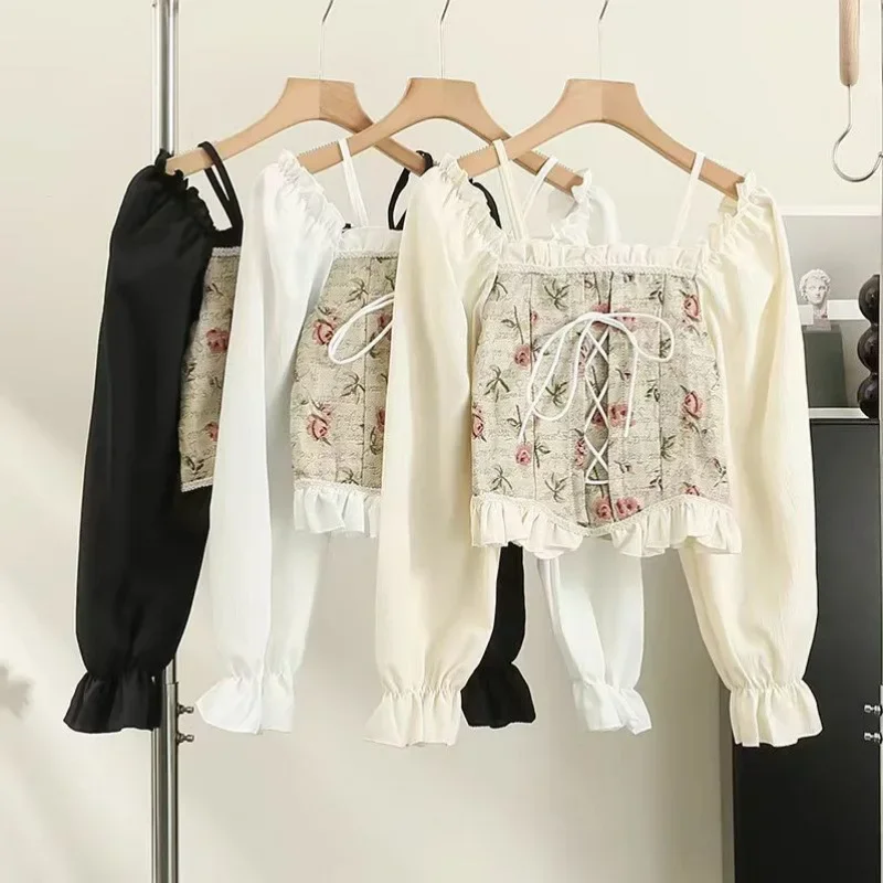 

French Style Bubble Collar Sash Shirt Design Retro Court One Shoulder Strap Top Double Wear Pure Color Button up Women's Blouse