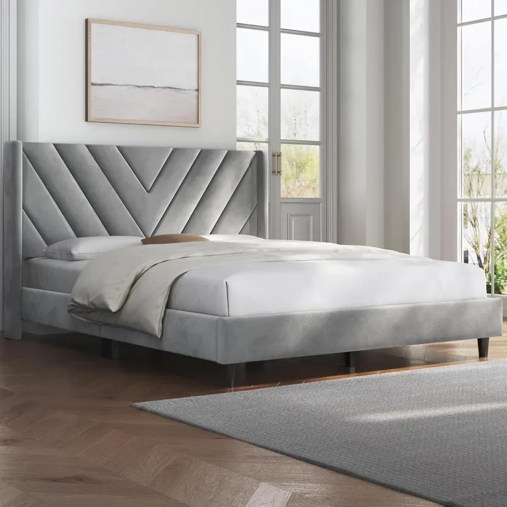 Bed Frame Upholstered Platform Bed with Wing Side/Wooden Slat Support/Tufted Headboard