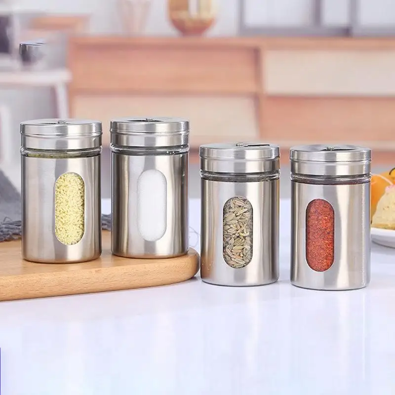 Stainless Steel Spice Shaker Seasoning Cans Rotate Camping Barbecue Jars Spice Storage Box Salt Sugar Pepper Storage Bottle