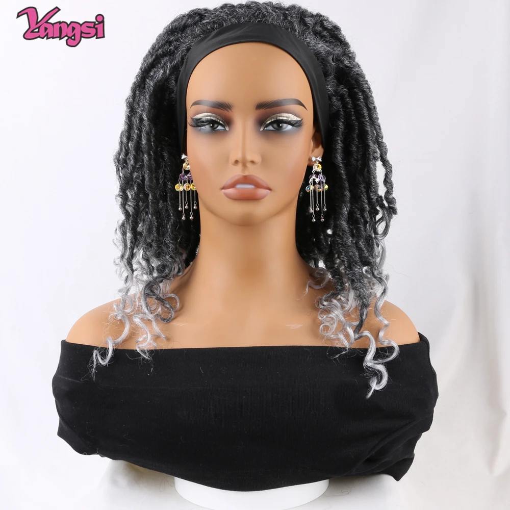16”Goddess Locs With Curly Wigs Black Headband Women Ombre Grey Dreadlock Rolls Twist Wigs Synthetic Hair for Christmas Daily