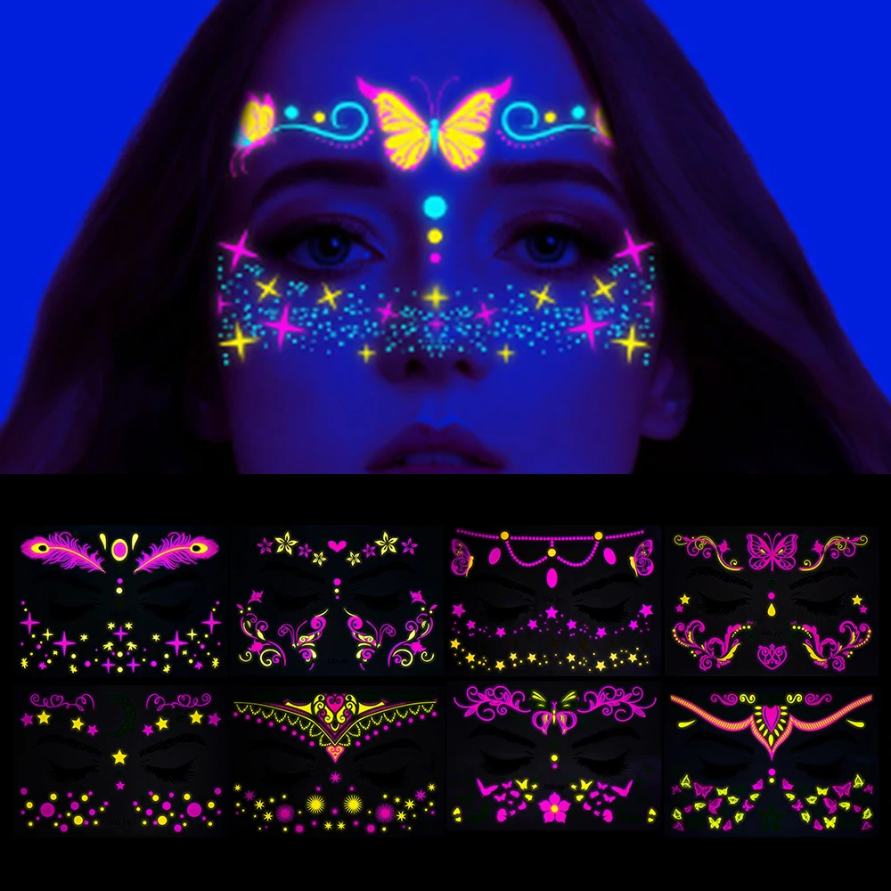 8pcs/Set Fluorescence Face Tattoo Temporary Tattoos Waterproof Makeup Decals For Party Concert Bar Music Art Festival Stickers